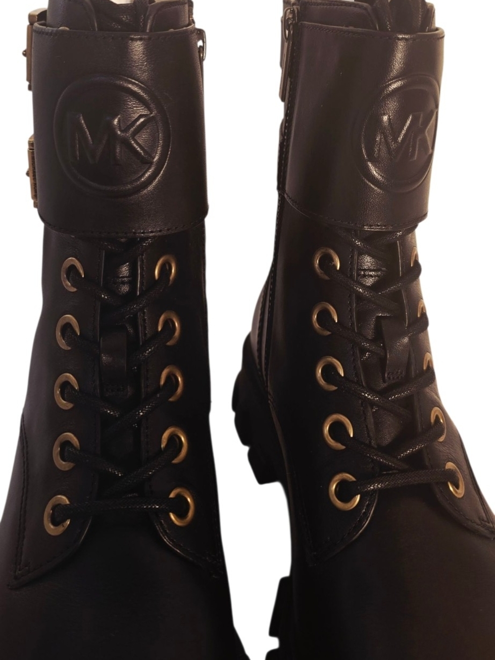 Michael Kors Black Leather Combat Boots Gold Hardware Lug Sole Moto Size 8 - Picture 3 of 8